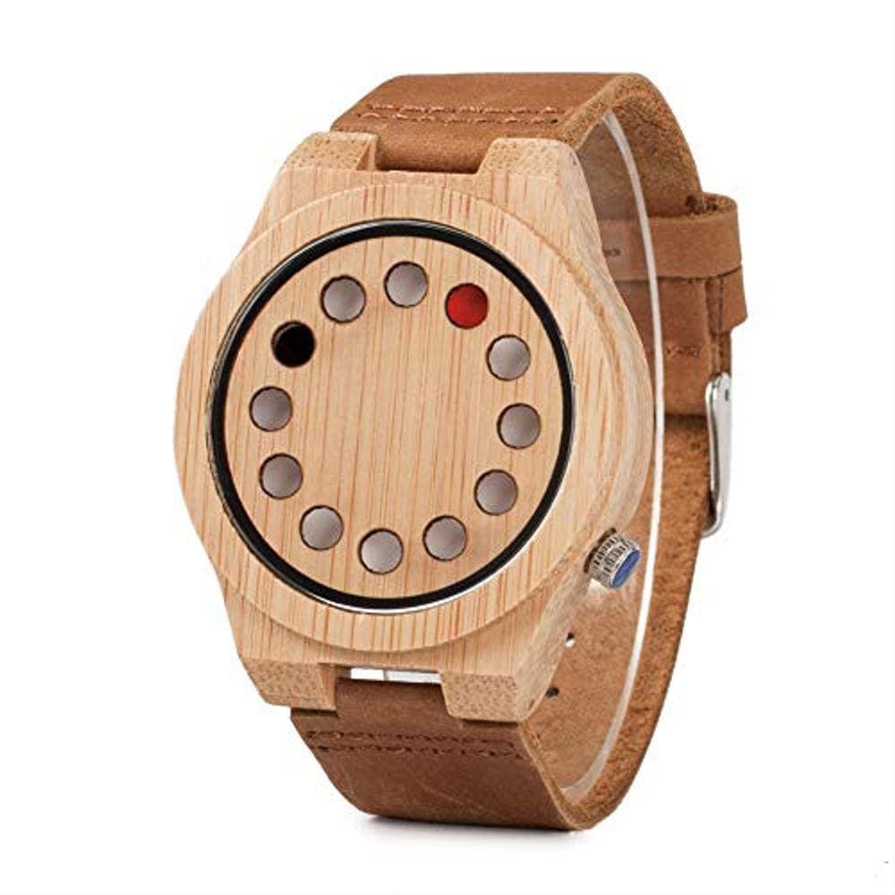 Relógio de Bambu para Homem, Pulseira de Couro Preto e Design de Temporizador Esportivo (Olho de Gato Marrom)