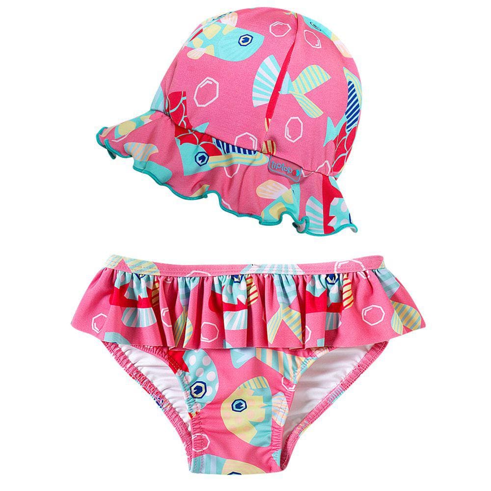 Conjunto Praia Infantil Biquíni com Chapéu Peixe Cores Rosa Tip Top