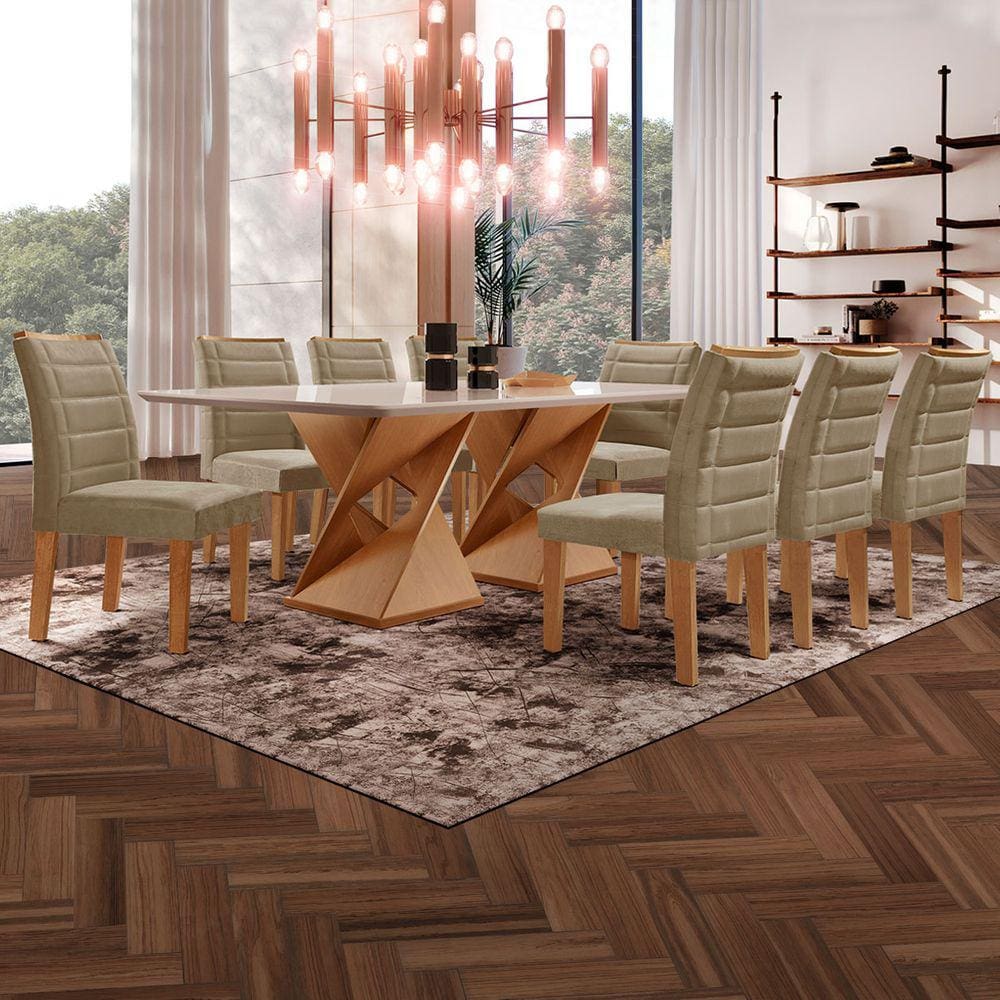 Mesa de Jantar 8 Lugares Genova com Vidro Cinamomo/Off White/Marrom Claro - Cel Móveis