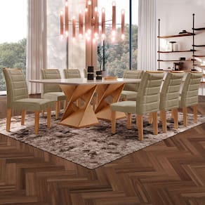 Mesa de Jantar 8 Lugares Genova com Vidro Cinamomo/Off White/Marrom Claro - Cel Móveis
