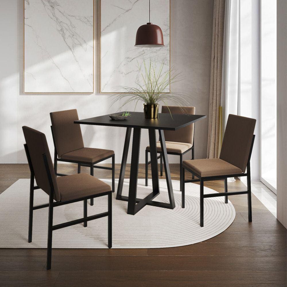 Conjunto de Jantar Mesa Mônaco 90cm Tampo Preto com 4 Cadeiras Estofadas Marrom