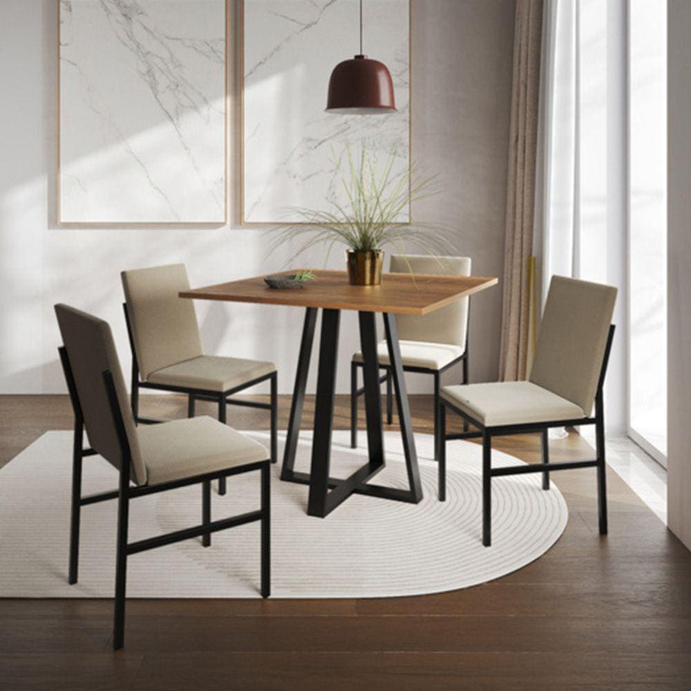 Conjunto de Jantar Mesa Mônaco 90cm Tampo Imbuia com 4 Cadeiras Estofadas Bege