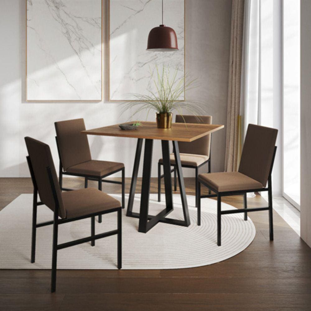 Conjunto de Jantar Mesa Mônaco 90cm Tampo Imbuia com 4 Cadeiras Estofadas Marrom