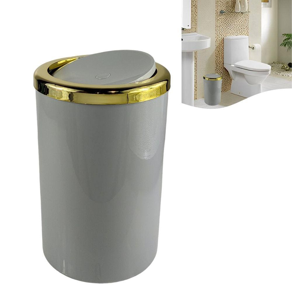 Lixeira Basculante 8 Litros Redonda Cozinha Banheiro Cinza Dourado - AMZ