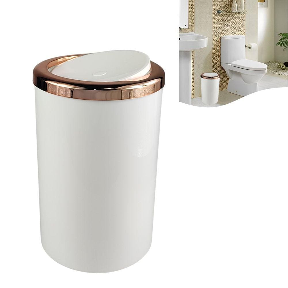 Lixeira Basculante 8 Litros Redonda Cozinha Banheiro Branco Rose Gold - AMZ