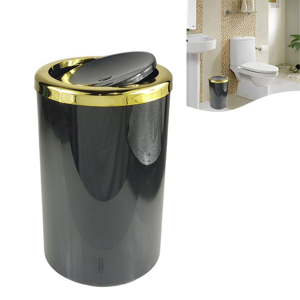 Lixeira Basculante 8 Litros Redonda Cozinha Banheiro Preto Dourado - AMZ