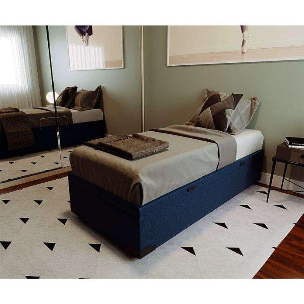 cama box solteiro com baú azul com colchão guldi dream mola ensacada (30x88x188) e 1 travesseiro guldi dream branco e azul