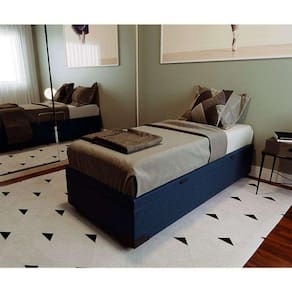 cama box solteiro com baú azul com colchão guldi dream mola ensacada (30x88x188) cinza e branco