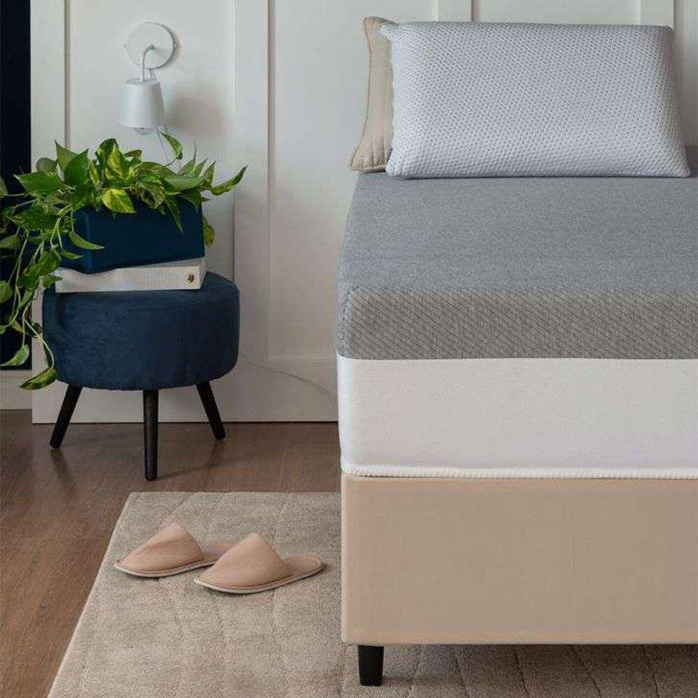cama box solteiro king com guarda objetos bege com colchão guldi dream mola ensacada (30x96x203) e 1 travesseiro guldi dream branco e azul
