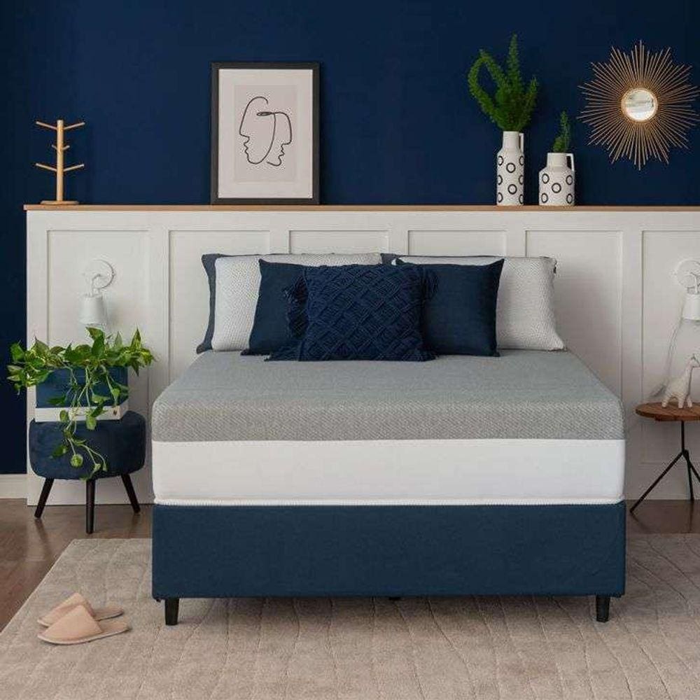 cama box king com guarda objetos azul com colchão guldi dream mola ensacada (30x193x203) e 2 travesseiros guldi dream branco e azul