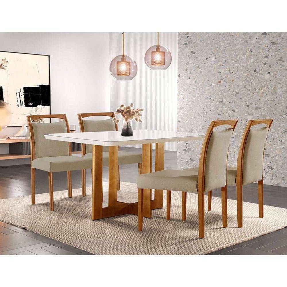 conjunto de mesa de jantar retangular com tampo de vidro off white talia e 4 cadeiras livia linho bege e imbuia