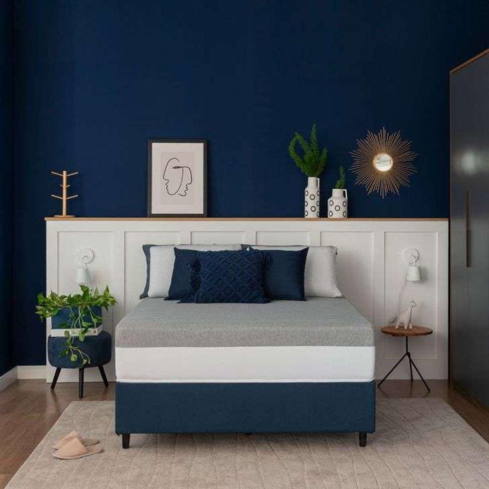 cama box solteito king com guarda objetos azul com colchão guldi dream mola ensacada (30x96x203) cinza e branco