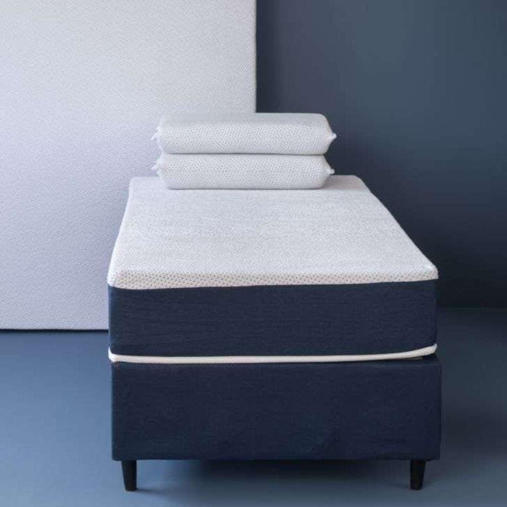 cama box solteiro azul com colchão guldi dream mola ensacada (30x88x188) e 1 travesseiro guldi dream branco e azul