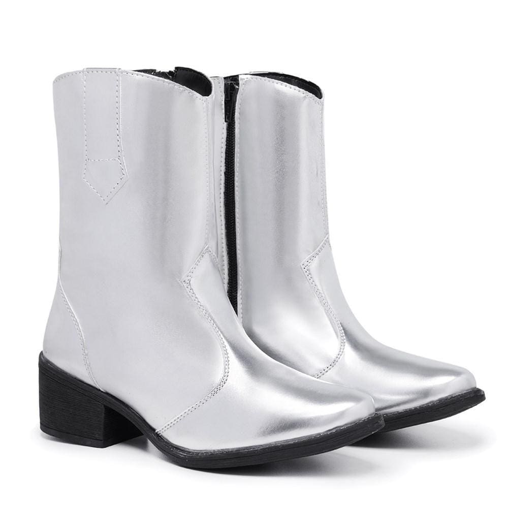 Bota Feminina Cano Curto Bico Fino Western Metalizada