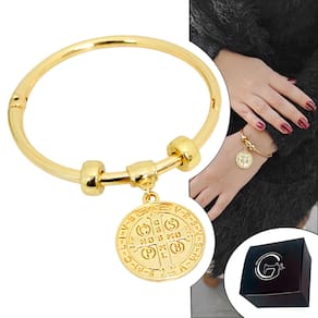 Pulseira Bracelete Feminina Redonda São Bento Banhado A Ouro