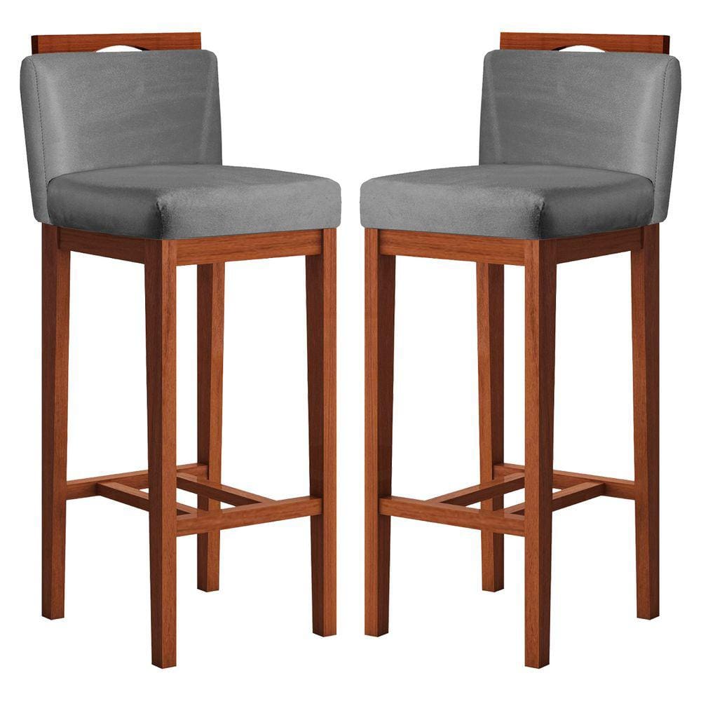 Kit 2 Banquetas Alta para Bancada Ilha 38x102 Cm Líbia Madeira Maciça Suede Cinza CCS