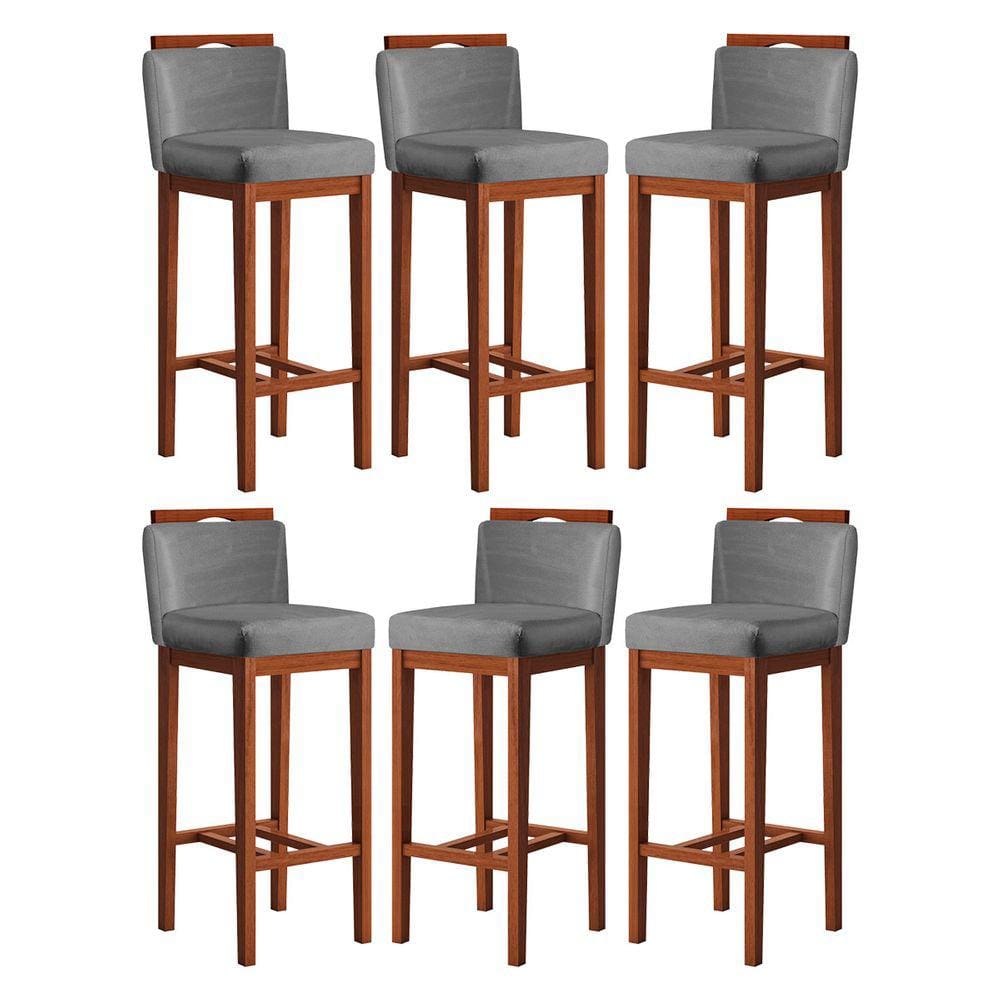 Kit 6 Banquetas Alta Estofada com Encosto 38x102 Cm Líbia Madeira Maciça Suede Cinza CCS
