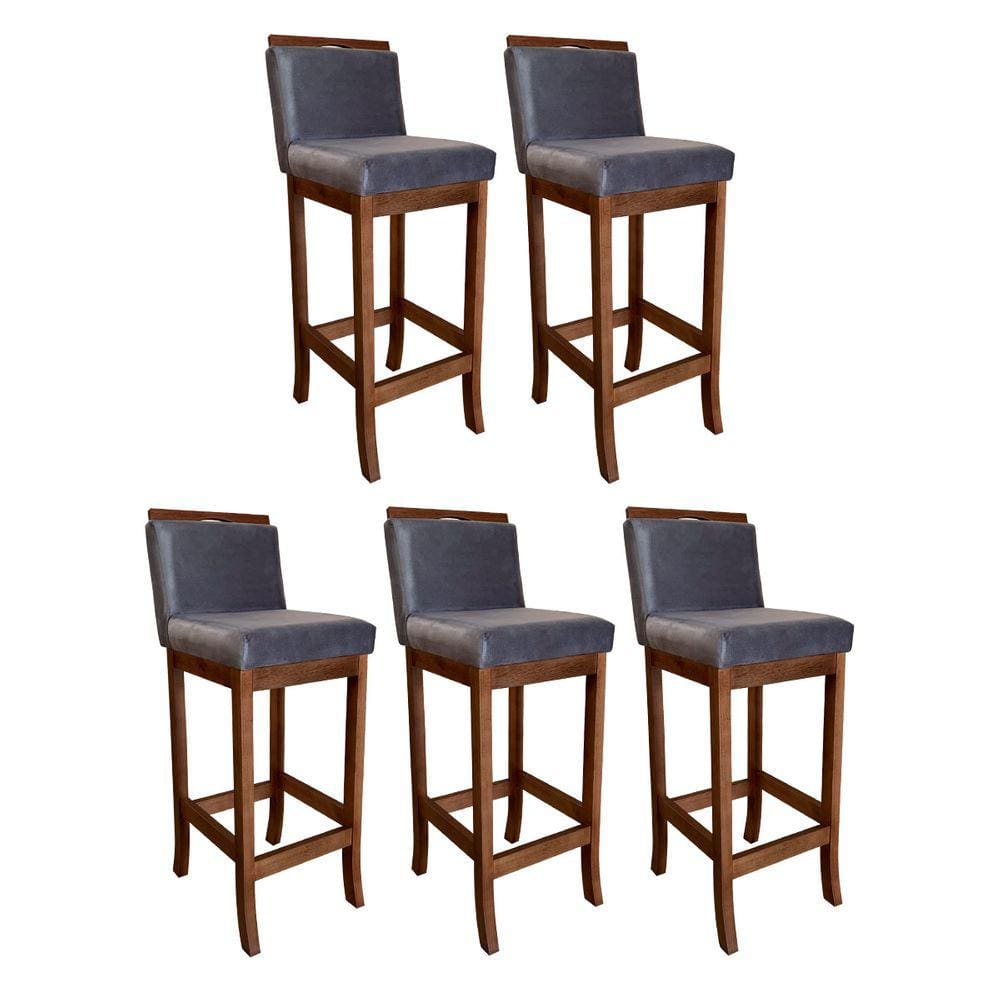 Kit 5 Banquetas Alta Estofada para Bancada Gourmet 38 x 102 Cm Turim Madeira Maciça Suede Cinza CCS