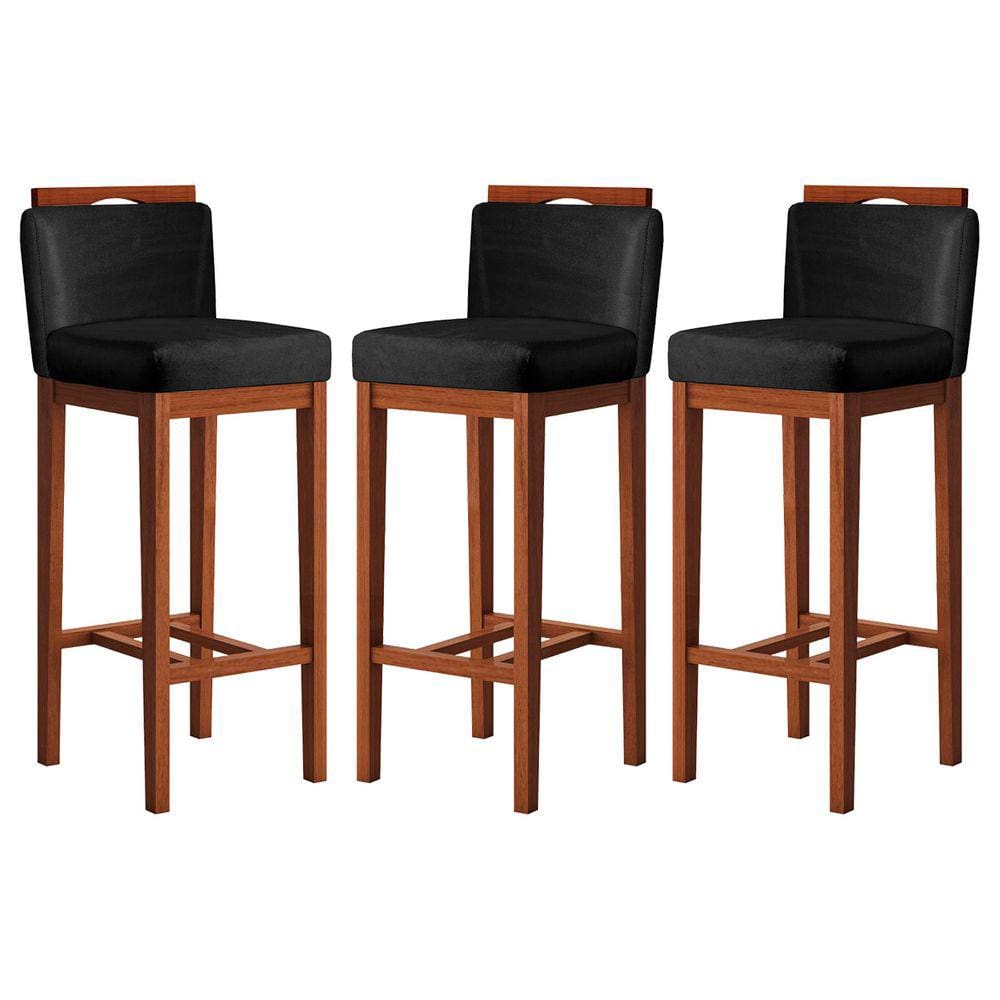 Kit 3 Banquetas Alta com Encosto 38x102 Cm Líbia Madeira Maciça Suede Preto CCS