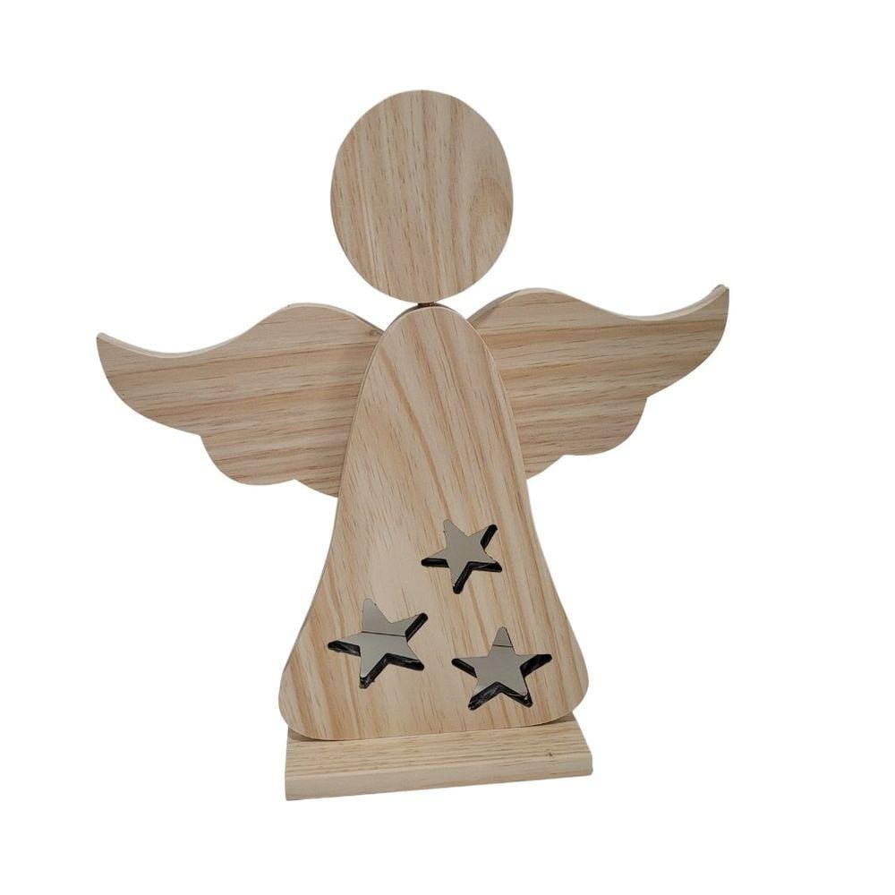 Anjo vasado estrelas com asa sobreposta em pinus - Jeito Próprio Artesanato