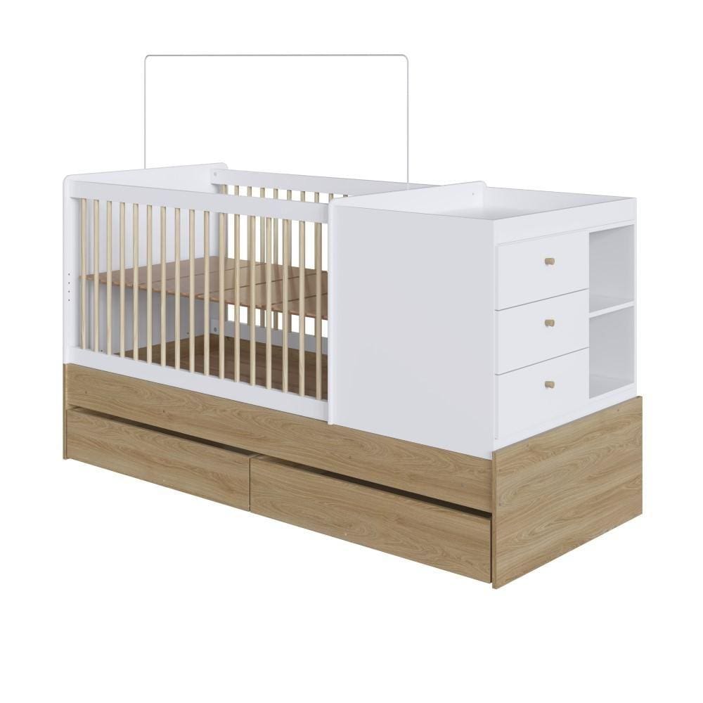 Berço Multifuncional com Cômoda 5 Gavetas Completa Móveis Marrom Branco