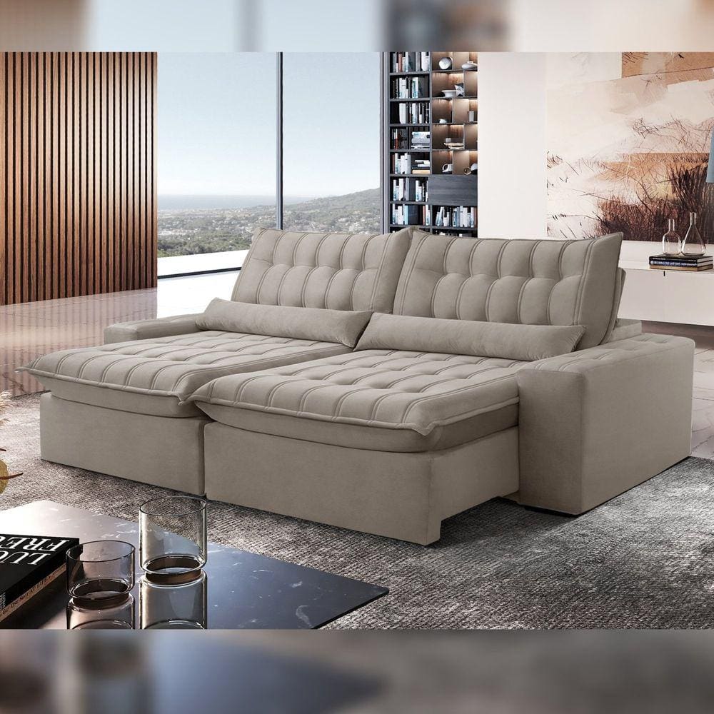 Sofá Retrátil e Reclinável 290cm Domínio Veludo/Bege