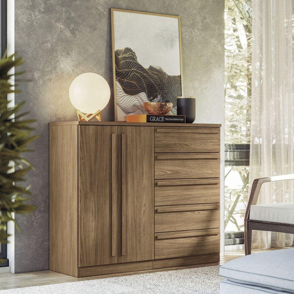 Cômoda 2 Portas 5 Gavetas Málaga Gold Jatoba