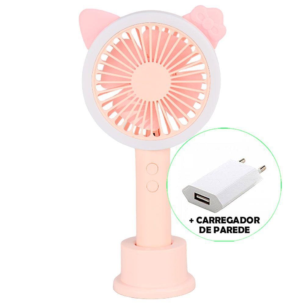 Mini Ventilador Portátil LED USB Recarregável + Adaptador Rosa CBRN19618
