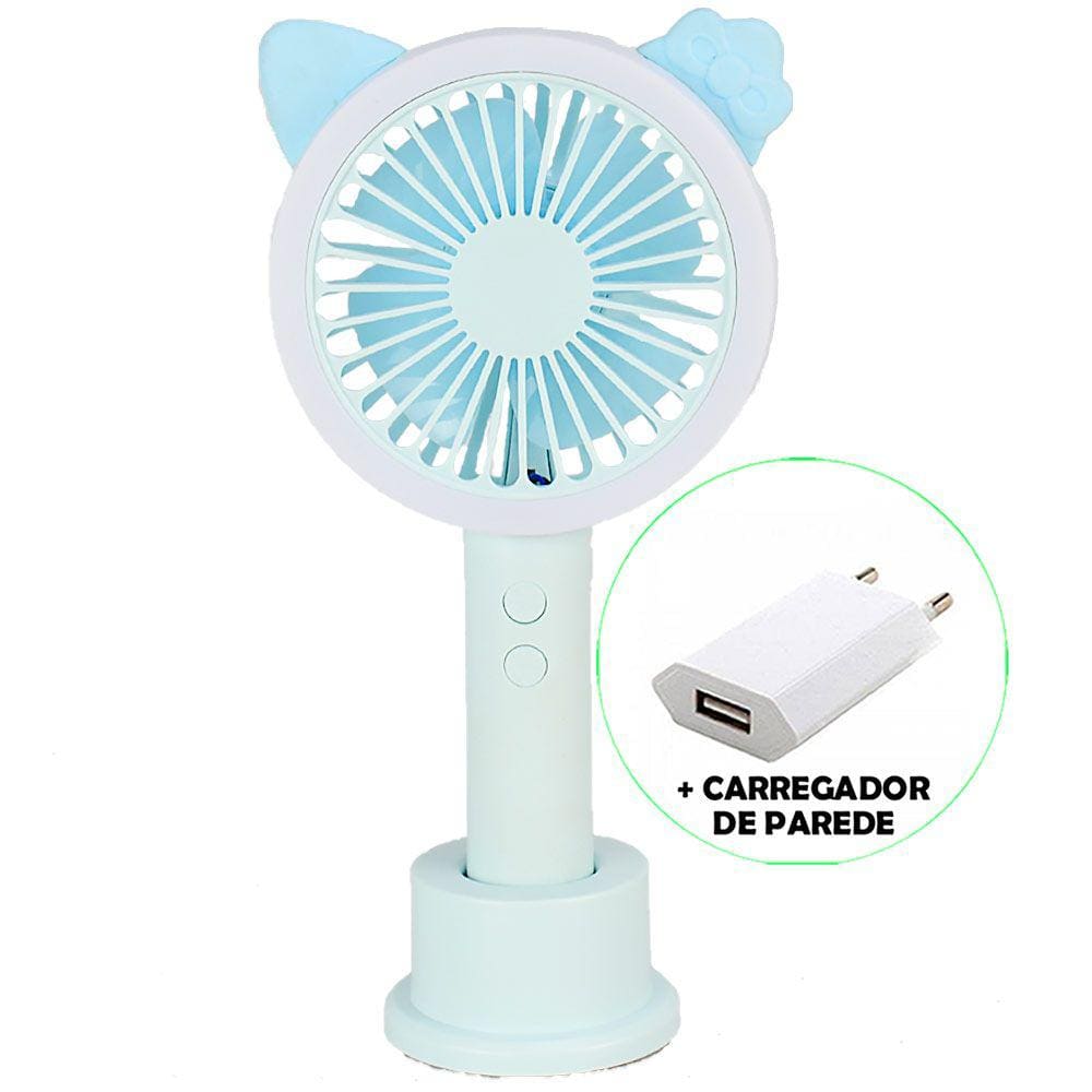 Mini Ventilador Portátil LED USB Recarregável + Adaptador Azul CBRN19601