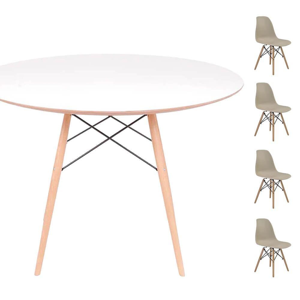 Conjunto Mesa Eames Eiffel Dsw Redonda Branca 90Cm + 4 Cadeiras Eames Dsw