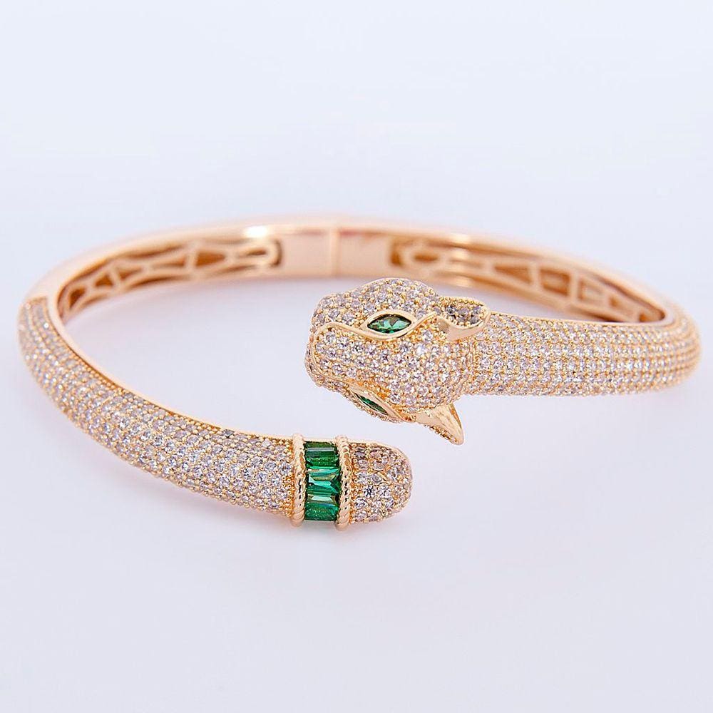 Bracelete Pantera com Aplicação de Micro zircônias Cristais e Baguetes Verdes