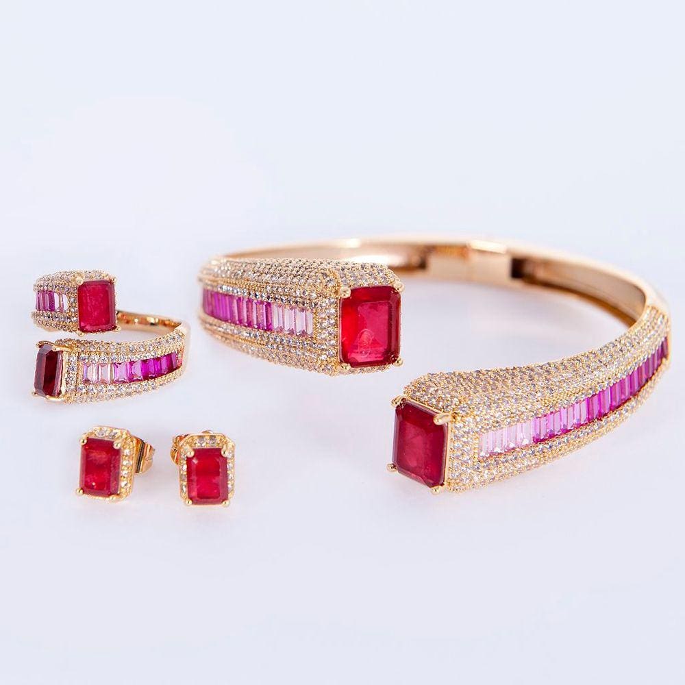 Conjunto Anel, Bracelete e Brincos Pedras