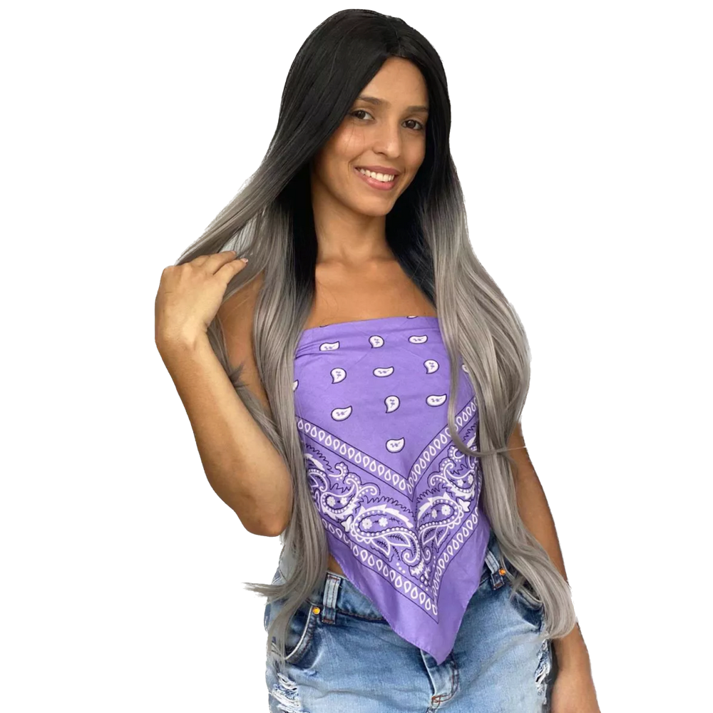 Peruca Mini Lace ao Meio Futura Ombre Platinada Preta Cinza