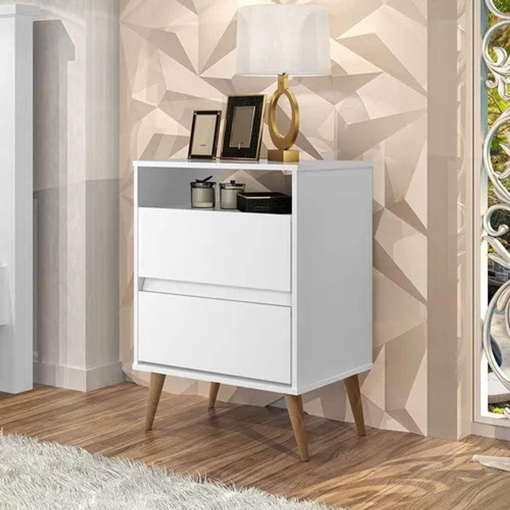 Mesa De Cabeceira Branco 2 Gavetas Pes De Madeira