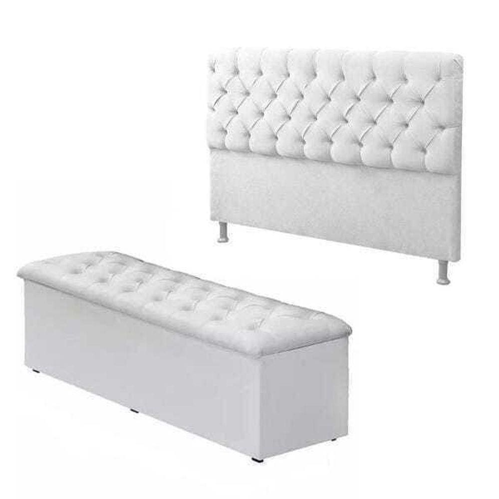 Cabeceira Mais Calçadeira Bau Casal 140cm Para Cama Box Corino Branco
