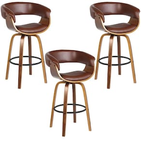 Kit 3 Banquetas Giratória Alta com Encosto Base Madeira Ravi R02 PU Marrom - Mpozenato