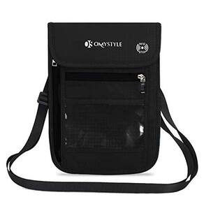 Suporte de Pescoço para Viagem OMYSTYLE, RFID, Alça Ajustável, Bolsa Impermeável, Preto