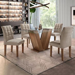 Mesa de Jantar 4 Lugares Classic/Vitória com Vidro Chocolate/Linho Cinza - Cel Móveis