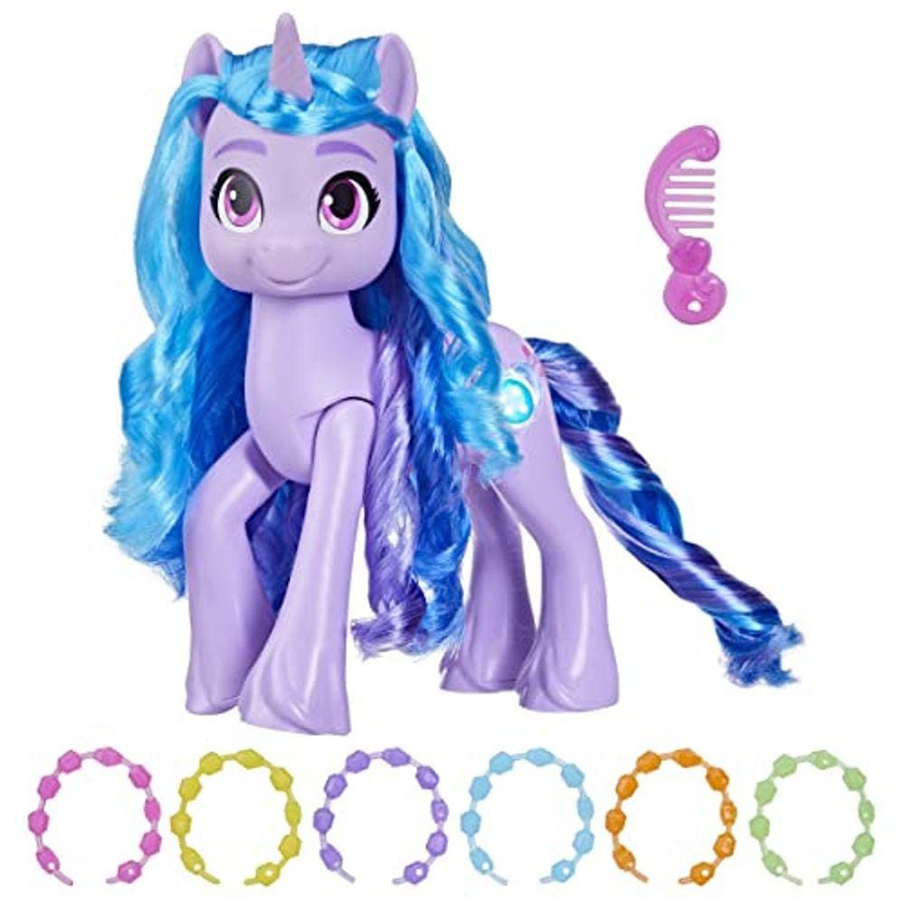 Brinquedo de Pônei Roxo de 20cm: Faça sua Marca Izzy Moonbow Veja seu Brilho, com Sons, Música e Luzes