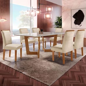 Mesa de Jantar 6 Lugares Nápoles/Luísa com Vidro Cinamomo/Off White/Bege - Cel Móveis
