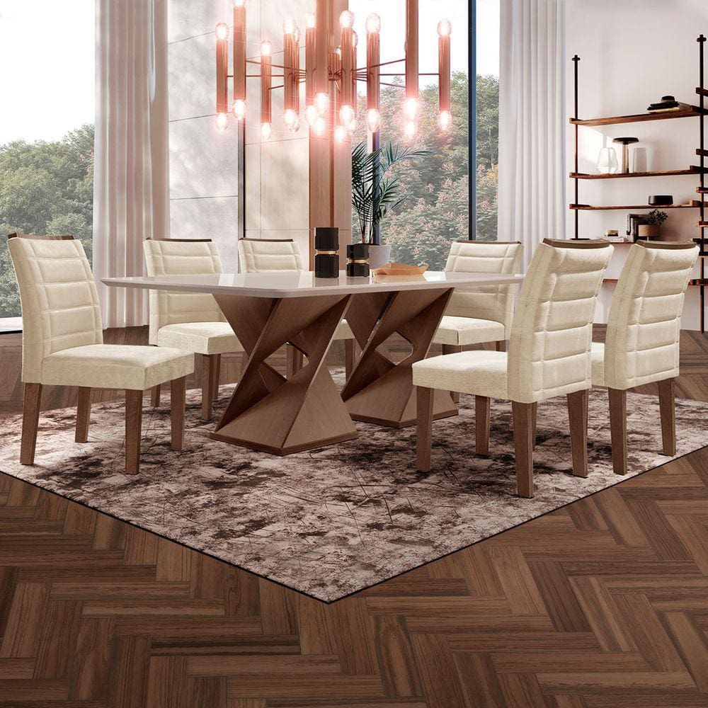 Mesa de Jantar 6 Lugares Genova com Vidro Chocolate/Off White/Bege - Cel Móveis