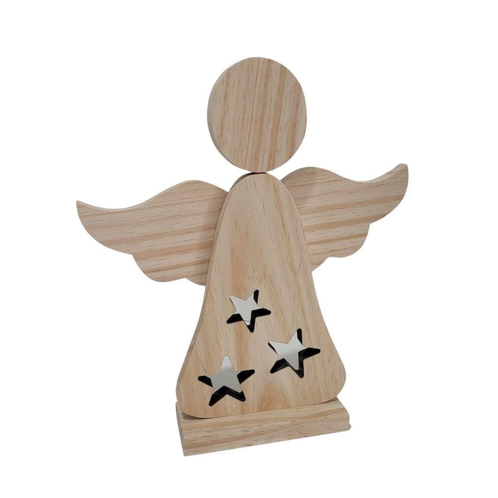 Anjo vasado estrelas com asa sobreposta em pinus - Jeito Próprio Artesanato