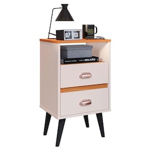 Mesa de Cabeceira Pequena Mesinha Com Gavetas Moderna Nicho Organizador Retrô Canto Quarto Classic New - Off White/Cinamomo - RPM