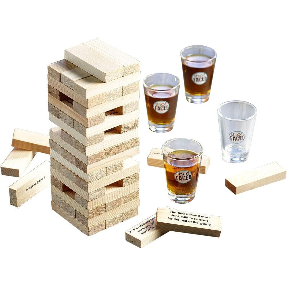 Jogo Jenga Torre de Equilíbrio + 4 Copos Shot Drink
