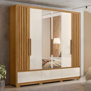 Guarda Roupa Casal 6 Portas com Espelho 3 Gavetas Freijó / Off White Amazonas - Moval