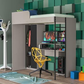 Cama Multifuncional Infantil com Roupeiro e Mesa Gamer Rebel Politorno Cinza/Preto