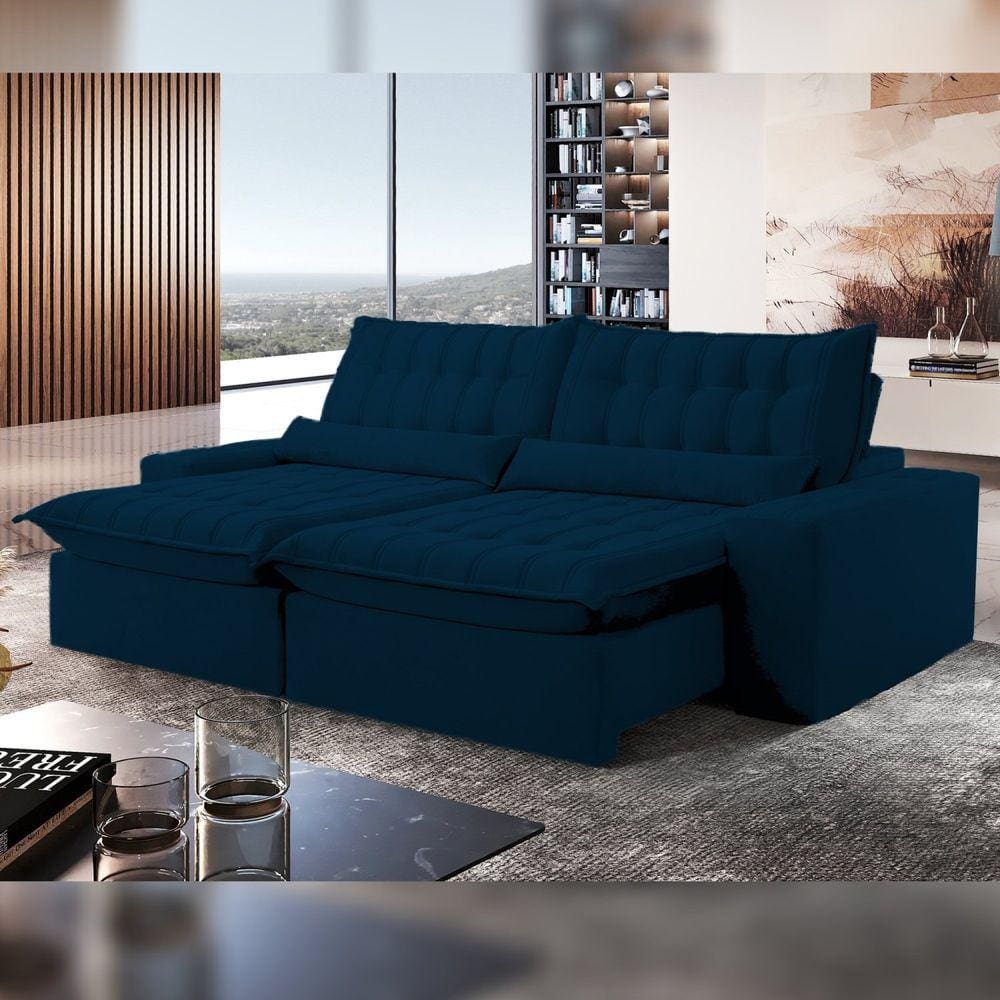 Sofá Retrátil e Reclinável 290cm Domínio Veludo/Azul