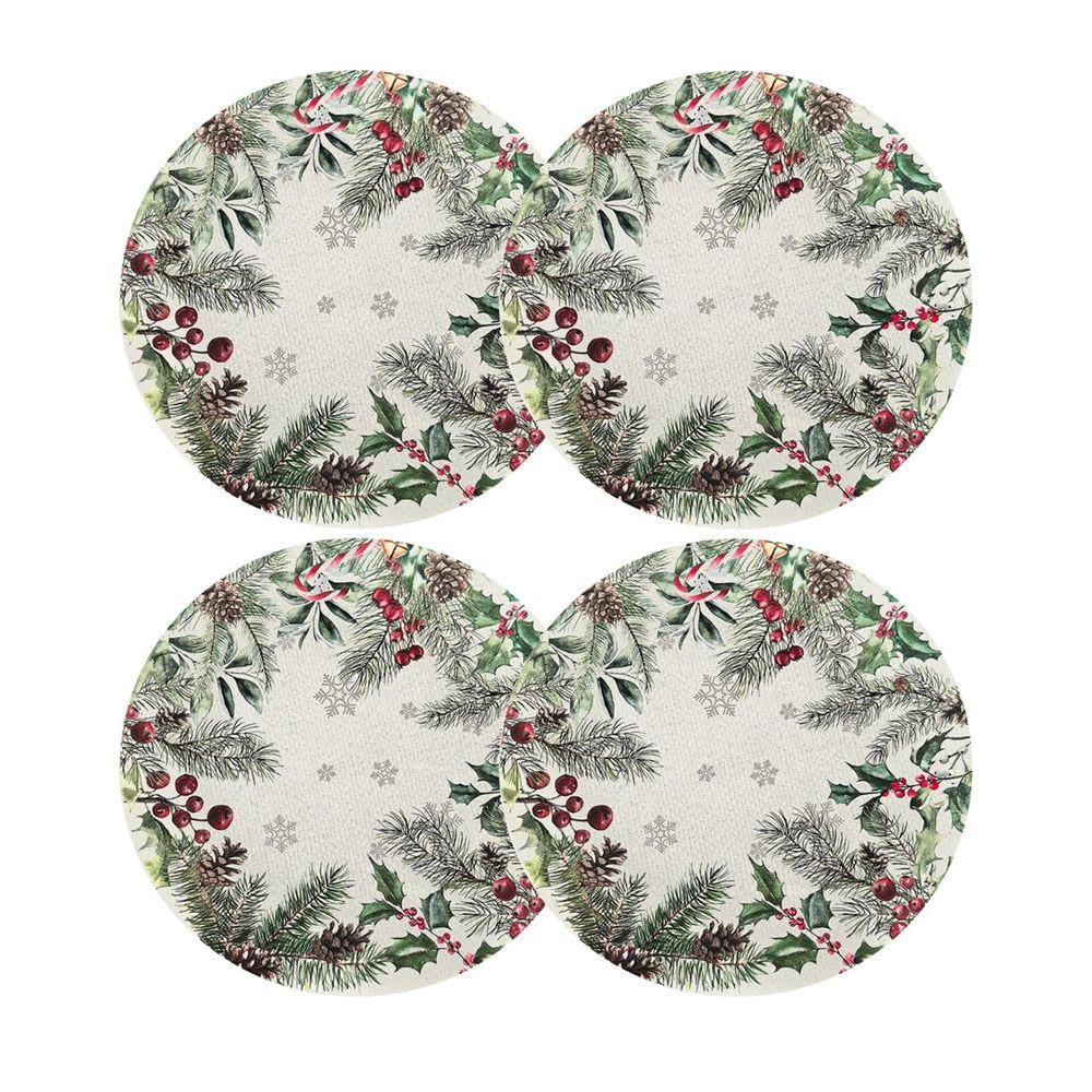 Jogo 4 Sousplat Natal Decorado Estampa Pinhas Folhagens e Berrries 33cm - Magizi