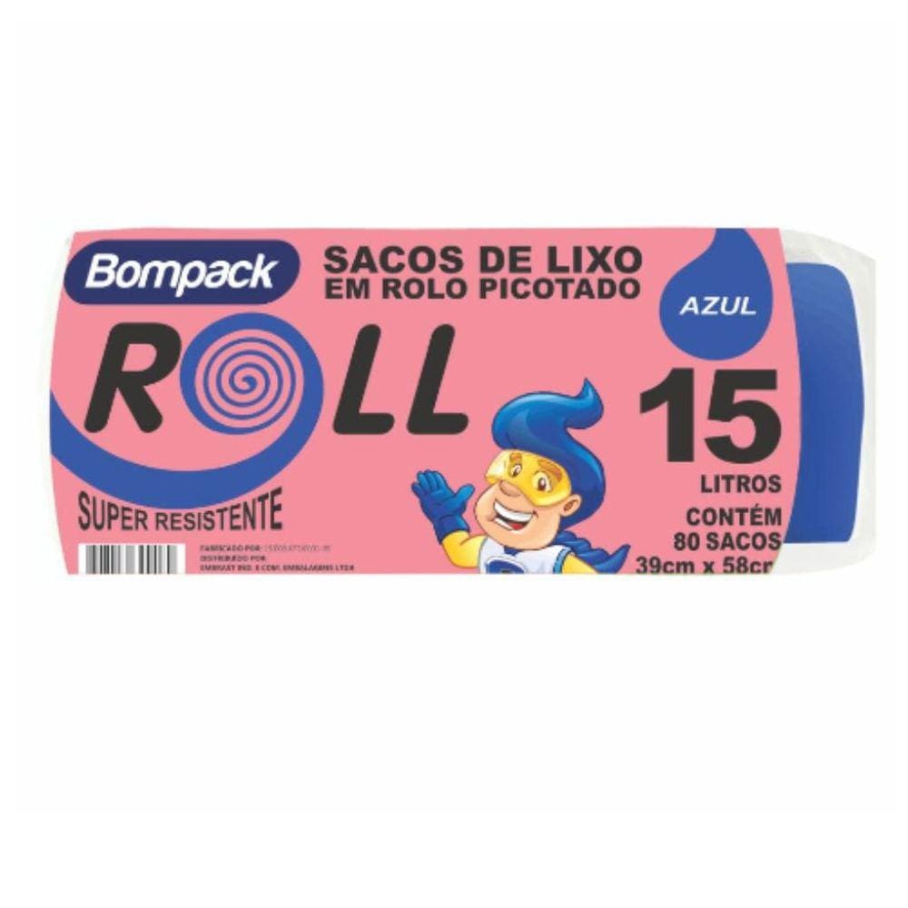 Saco de Lixo em Rolo Picotado 15 Litros Bompack Azul com 80 Unidades