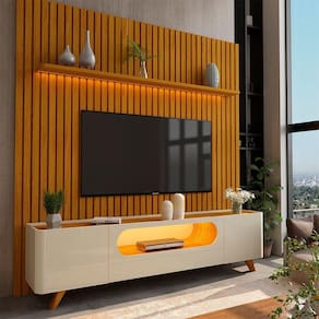Painel e Rack Nobre Ripado com LED Pés de Madeira 230 Naturale Off White - Gelius